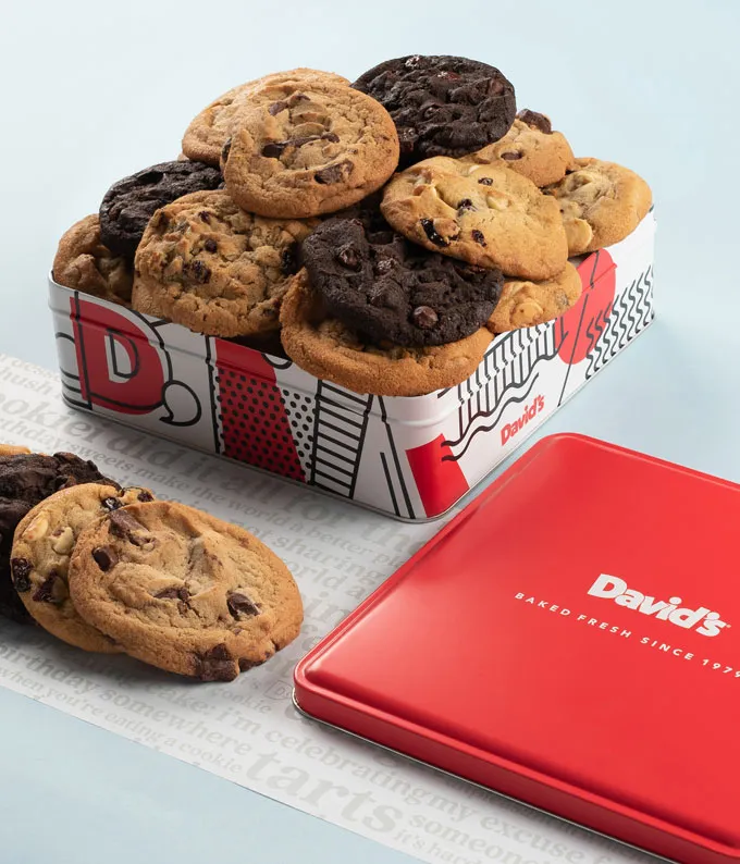 Assorted sympathy cookie tin with fresh baked Chocolate Chunk, Peanut Butter, Double Chocolate Chunk, and Oatmeal Raisin cookies in a David's Cookies tin