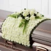 Blanket of Blooms white casket flower blanket with white chrysanthemums, roses, lisianthus, Bells of Ireland and greenery