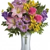 Cross Flowers Bouquet with pink roses, Asiatic lilies, yellow alstroemeria, lavender stock and cross vase for sympathy flower delivery