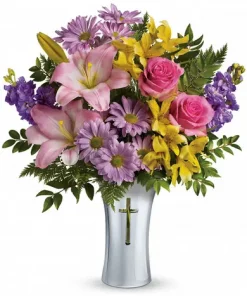 Cross Flowers Bouquet with pink roses, Asiatic lilies, yellow alstroemeria, lavender stock and cross vase for sympathy flower delivery