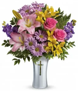 Cross Flowers Bouquet with pink roses, Asiatic lilies, yellow alstroemeria, lavender stock and cross vase for sympathy flower delivery
