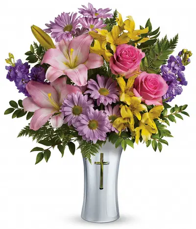 Cross Flowers Bouquet with pink roses, Asiatic lilies, yellow alstroemeria, lavender stock and cross vase for sympathy flower delivery