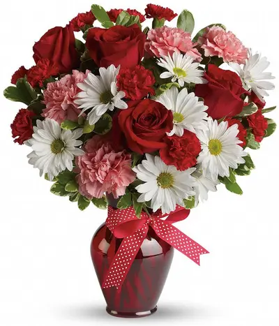 Hugs and Kisses Rose Bouquet with red roses, pale pink carnations, ruby mini carnations, white daisy mums, decorative bow and dark-red glass vase