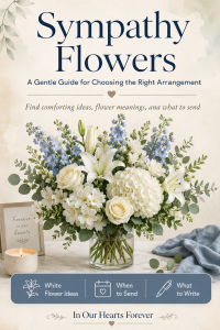 Sympathy flowers guide pin with white roses, hydrangeas, lilies, alstroemeria, soft blue delphinium, eucalyptus, and greenery in a clear glass vase.