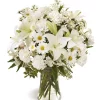 Tranquil Light Arrangement with white lilies, carnations, alstroemeria, daisies and button poms in a clear glass vase for sympathy flower delivery