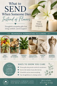 Thoughtful sympathy gifts for comfort, featuring a sympathy gift basket, fruit and food basket, peace lily plant, tea and coffee gifts, candle, cozy blanket, and memorial keepsake as meaningful alternatives to flowers.